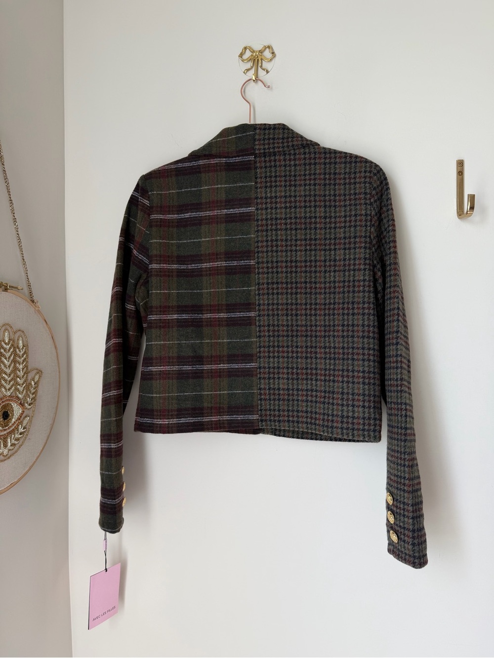 Avec les filles green mixed Plaid gold horsebit buckle button up Jacket - Picture 5 of 7